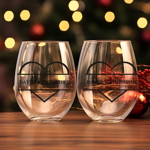 Modern Couple Holding hands Custom name wedding  Stemless Wine Glass