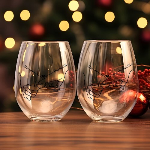 Modern Couple Holding hands Custom name wedding  Stemless Wine Glass