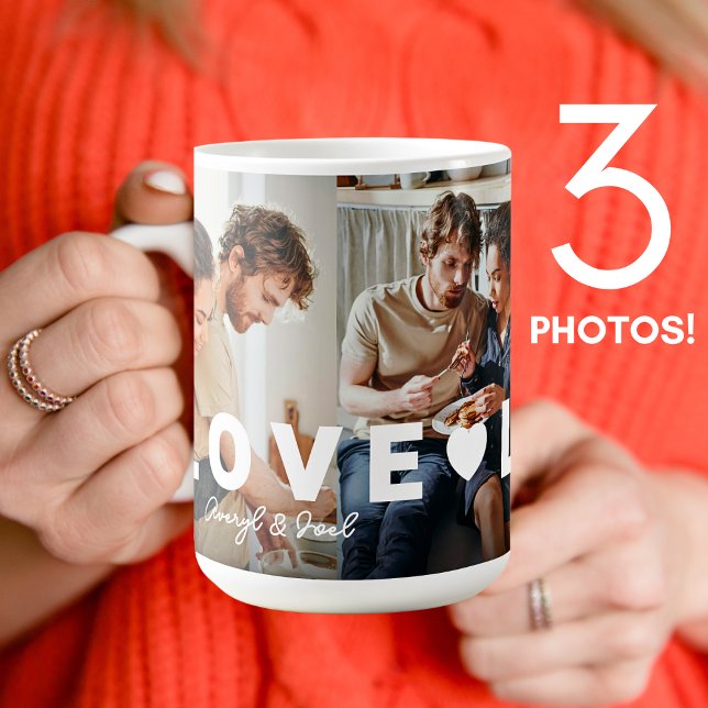 Modern Couple Love 3 Photo Collage Personalized Coffee Mug (Creator Uploaded)