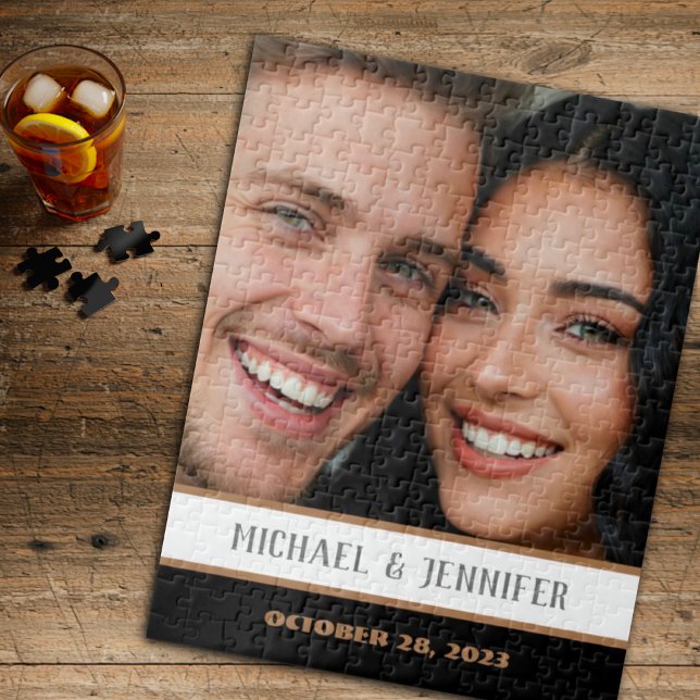 Modern Couple Monogram Date Customized Photo Name Jigsaw Puzzle (Creator Uploaded)