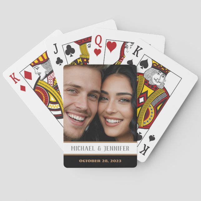 Modern Couple Monogram Date Customized Photo Name Poker Cards (Back)