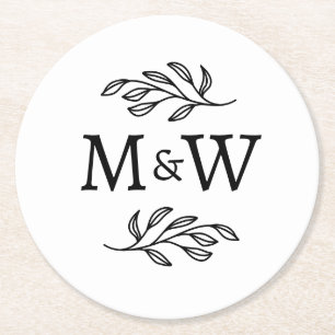 Modern Couple Monogram Initials Elegant Botanical Round Paper Coaster