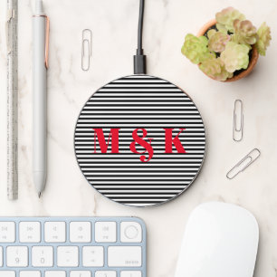 Modern couple monogram red black white stripes wireless charger 
