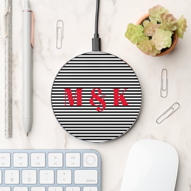 Modern couple monogram red black white stripes wireless charger  (Desk)