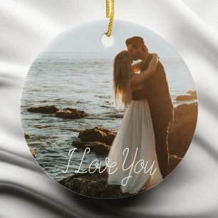 Modern Couple Photo Anniversary Script Red Holiday Ceramic Ornament