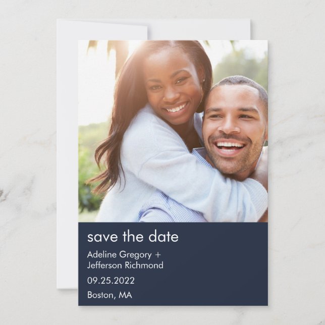 Modern Couple Photo Blue Wedding Save The Date (Front)