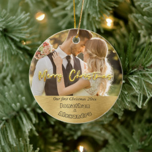 Modern couple photo Elegant gold first Christmas Ceramic Ornament