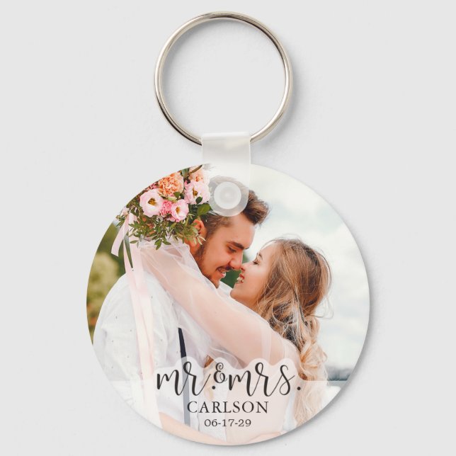 Modern Couple Photo Mr. and Mrs. Keychain (Front)