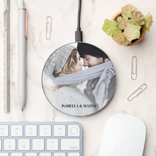 Modern Couple Photo Names Wireless Charger