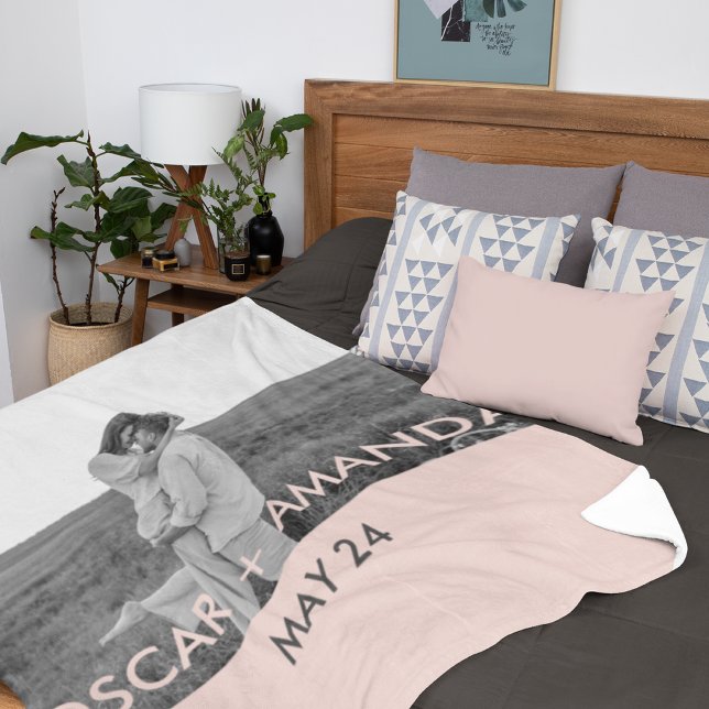 Modern Couple Photo Pink & Gray Perosnalized Name Fleece Blanket (Creator Uploaded)