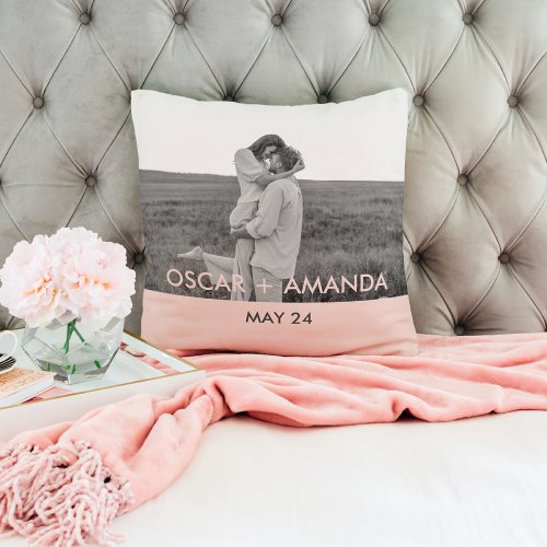 Modern Couple Photo Pink  Gray Perosnalized Name Throw Pillow