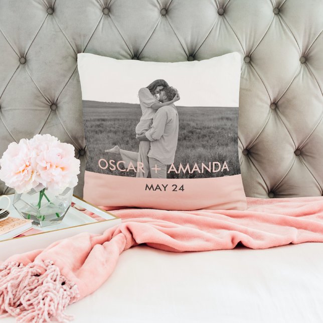 Modern Couple Photo Pink & Gray Perosnalized Name Throw Pillow (Creator Uploaded)