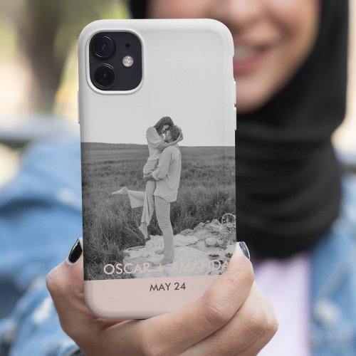 Modern Couple Photo Pink  Grey Perosnalized Name iPhone 11 Case