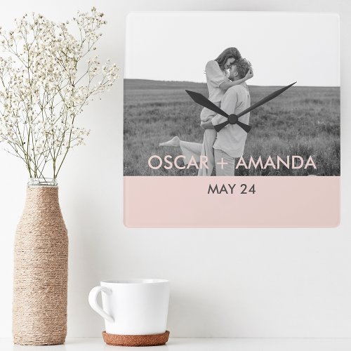 Modern Couple Photo Pink  Grey Perosnalized Name Square Wall Clock