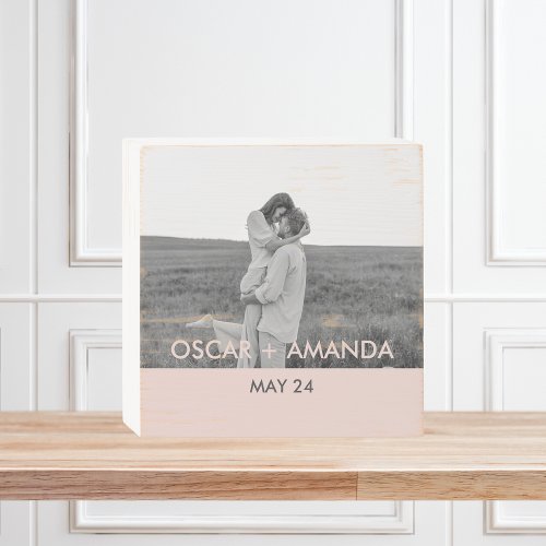 Modern Couple Photo Pink  Grey Perosnalized Name Wooden Box Sign