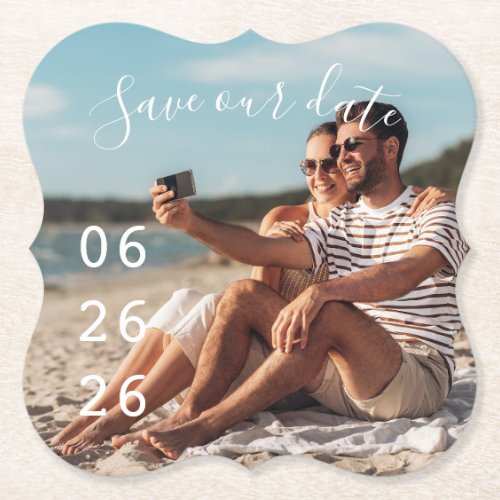 Modern Couple Photo Unique Save the Date Paper Coaster