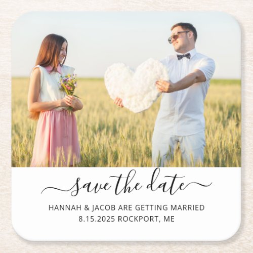 Modern Couple Photo Wedding Save The Date Square Paper Coaster
