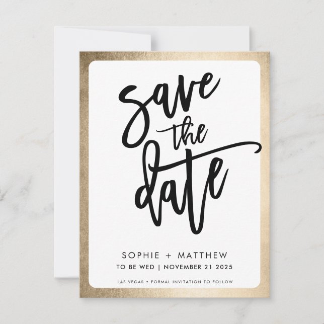 MODERN couple script lettering faux gold border Save The Date (Front)