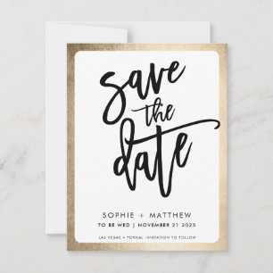 MODERN couple script lettering faux gold border Save The Date