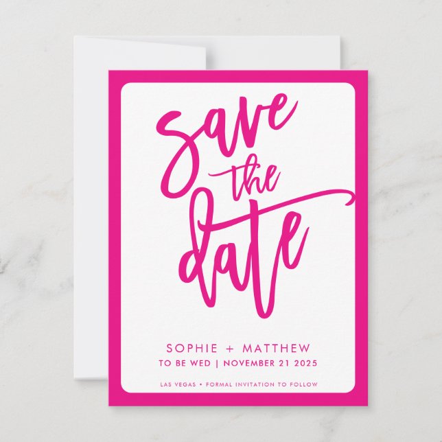 MODERN couple script lettering fushcia pink border Save The Date (Front)