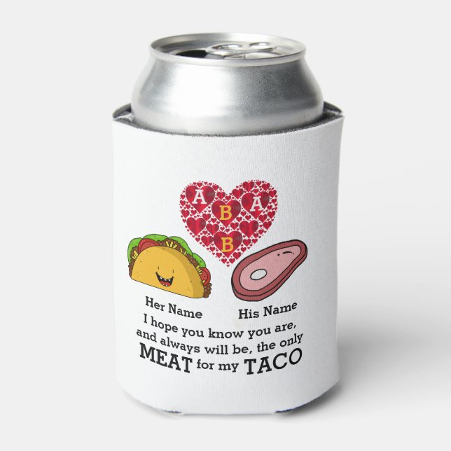 Modern Couple taco and meat lovers custom monogram Can Cooler (Can Front)