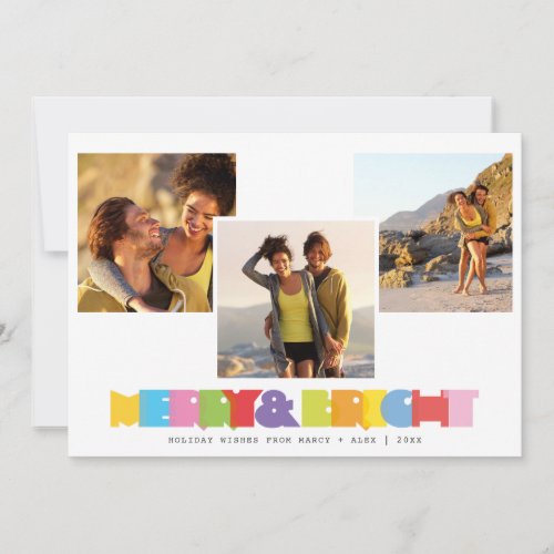 Modern Couples 3 Photo Collage Merry And Bright Holiday Card