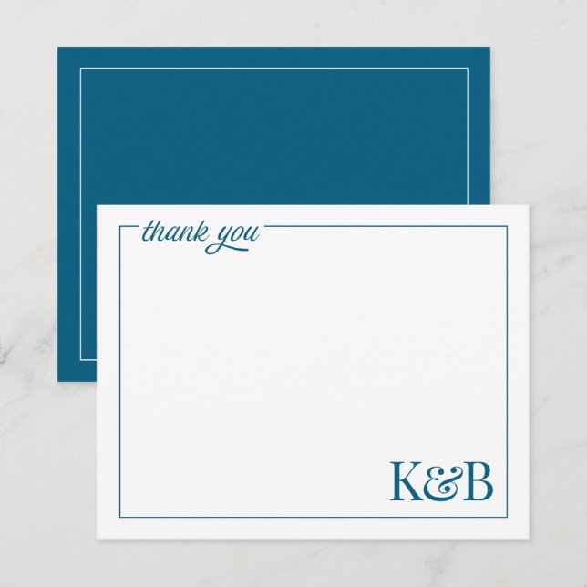 Modern Couples Initials Blue Wedding Thank You Note Card (Front/Back)