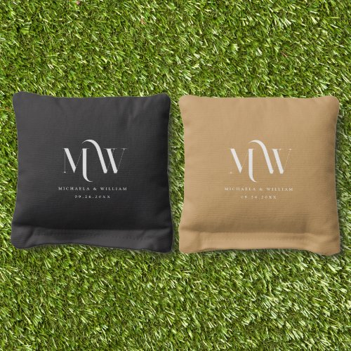 Modern Couples Monogram Names  Wedding Date Cornhole Bags