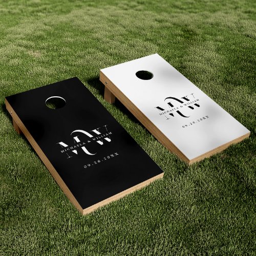 Modern Couples Monogram Names  Wedding Date Cornhole Set