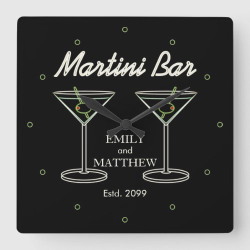 Modern Couples Names Martini Bar  Square Wall Clock