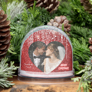 Modern Couples Photo, Red Merry Christmas Heart  Snow Globe