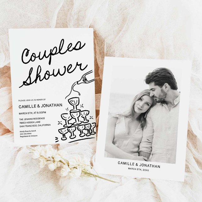 Modern Couples Shower Champagne Invitation (Modern Hand Drawn Couples Shower Invitation)