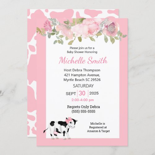 Modern Cow Print and Pink Floral  Baby Shower     Invitation