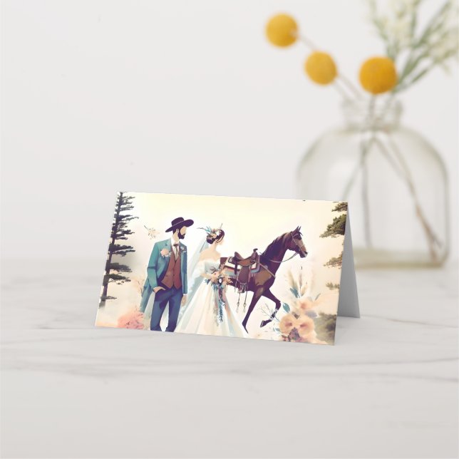 Modern Cowboy  and Bride Western Style Wedding  Place Card (Back)