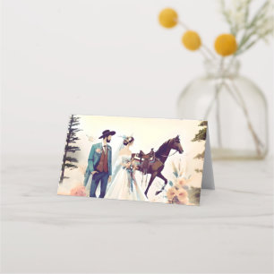 Modern Cowboy and Bride Western Style Wedding Place Card