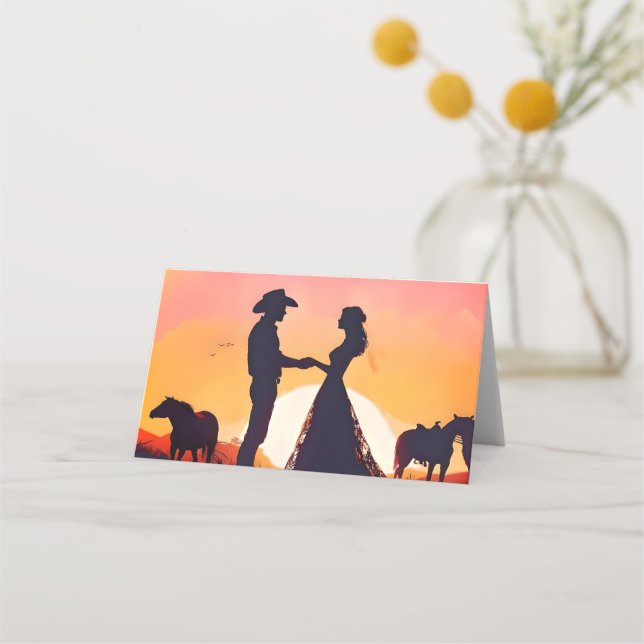 Modern Cowboy  and Bride Western Style Wedding  Place Card (Back)