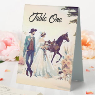 Modern Cowboy and Bride Western Style Wedding Table Tent