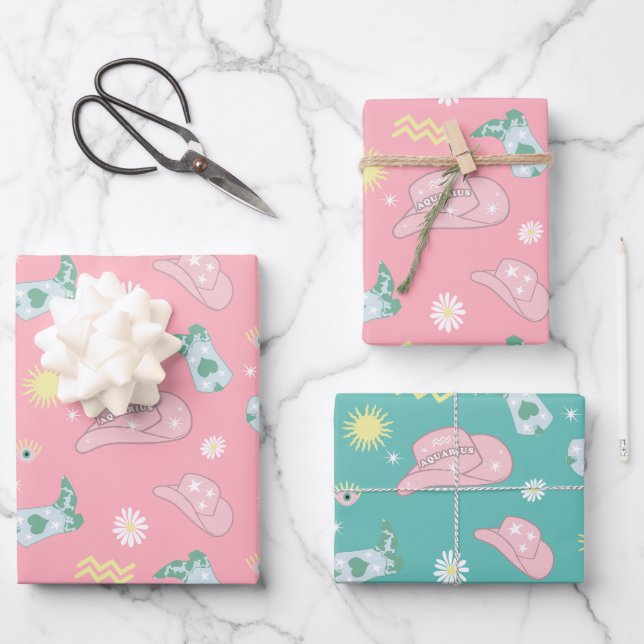 Modern Cowgirl Aquarius Zodiac Pattern Pink   Wrapping Paper Sheets (Front)