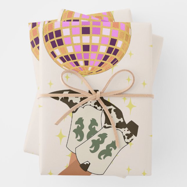 Modern Cowgirl Cowboy Disco Ball Beige Wrapping Paper Sheets (In situ)