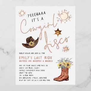 Modern Cowgirl Disco Bachelorette Party Real Foil Invitation Postcard