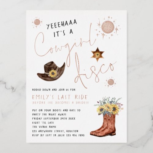 Modern Cowgirl Disco Bachelorette Party Real Foil Invitation Postcard