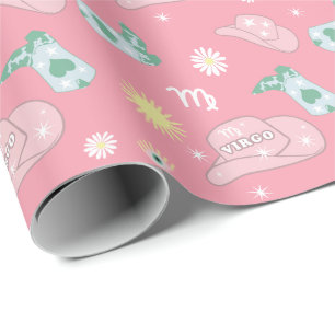 Modern Cowgirl Virgo Zodiac Pattern Boho Pink  Wrapping Paper