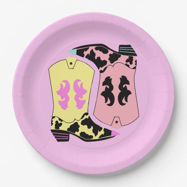 Modern Cowgirl Western Boots Farmer Ranch Cowboy Paper Plates (Front)