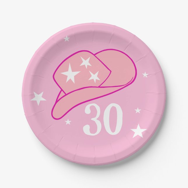 Modern Cowgirl Western Hat Pink 30 Birthday Paper Plates (Front)