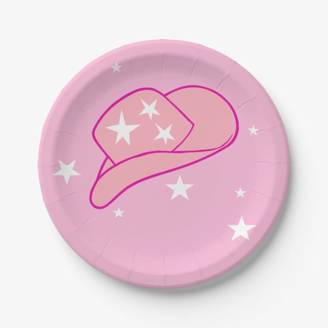 Modern Cowgirl Western Hat Pink Birthday  Paper Plates (Front)