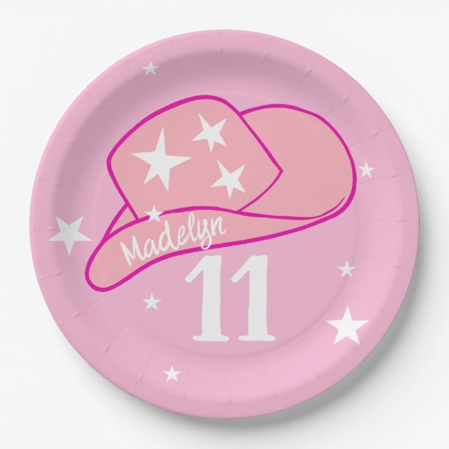 Modern Cowgirl Western Hat Pink Girl 11th Birthday Paper Plates (Front)
