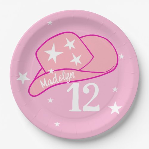 Modern Cowgirl Western Hat Pink Girl 12th Birthday Paper Plates