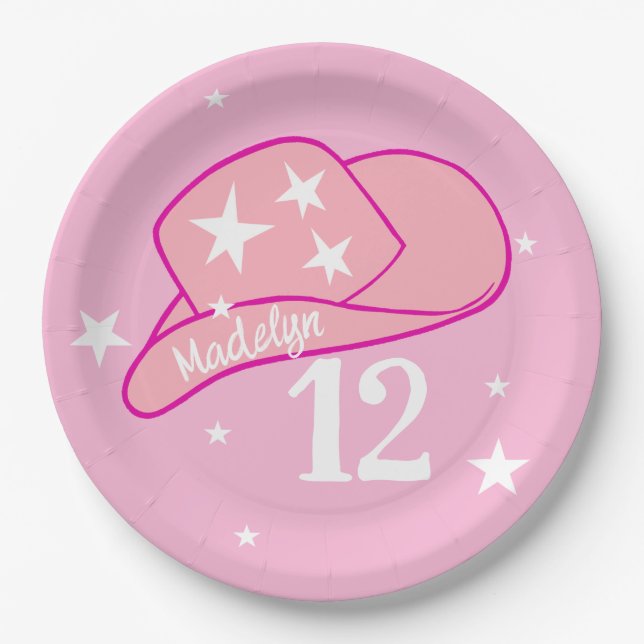 Modern Cowgirl Western Hat Pink Girl 12th Birthday Paper Plates (Front)