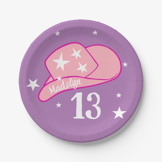 Modern Cowgirl Western Hat Pink Girl 13th Birthday Paper Plates (Front)