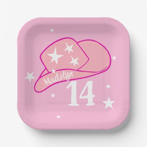 Modern Cowgirl Western Hat Pink Girl 14th Birthday Paper Plates
